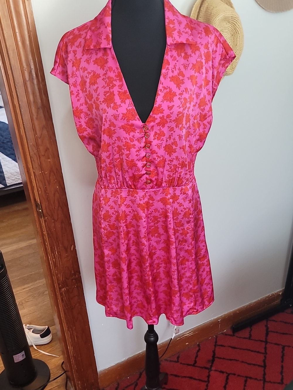 Zara Hot Pink and Red Feminine Floral Satin Mini Dress